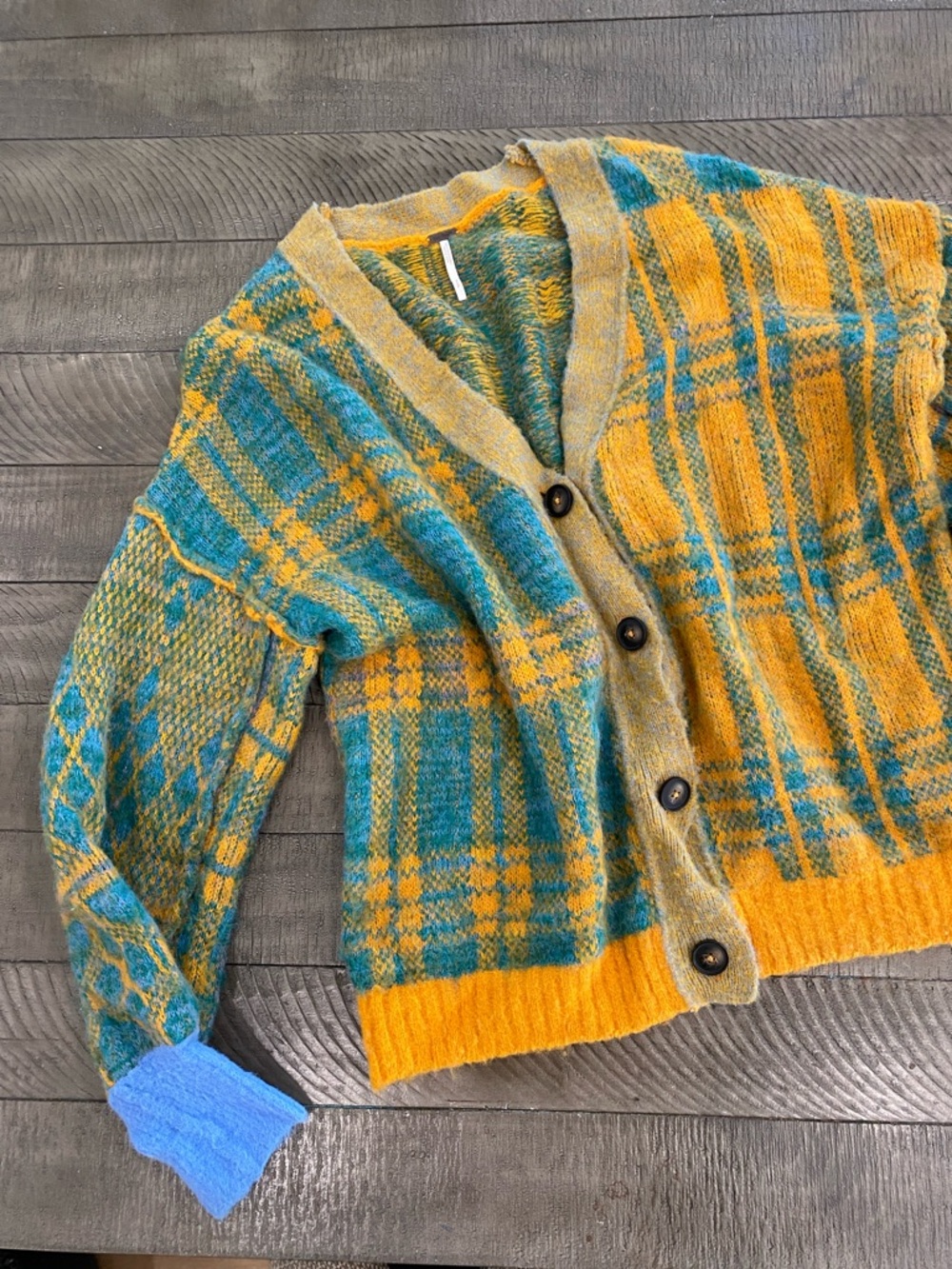 Free People Plaid Knit Cardigan in Mustard Yellow & Teal